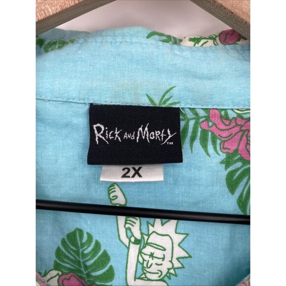 Rick and Morty Hawaiian Button Up Cotton Shirt Size 2x Blue Green Floral Unisex - Picture 5 of 8